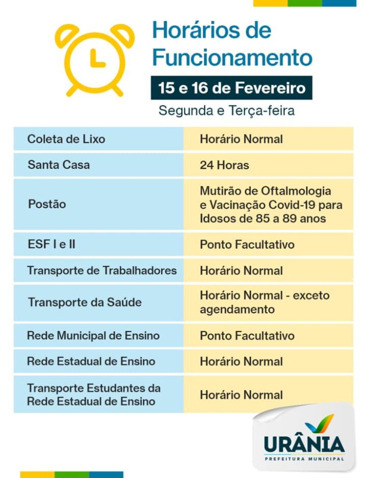 Horário de funcionamento para os dias 15 e 16 de fevereiro