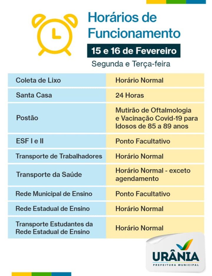  Horário de funcionamento para os dias 15 e 16 de fevereiro