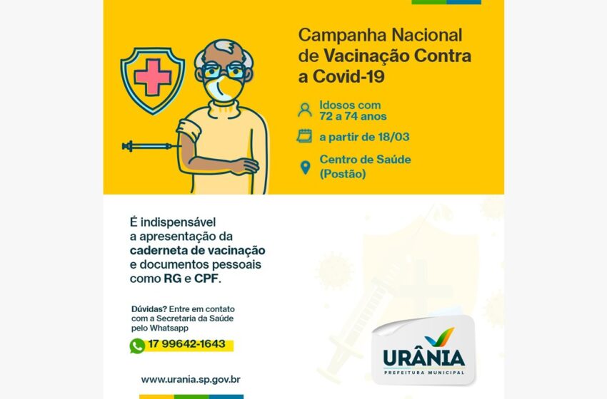 Município de Urânia inicia vacinação aos idosos de 72 a 74 anos nesta quinta-feira