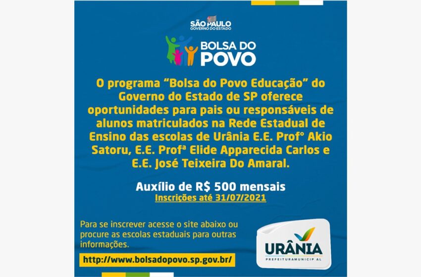  Governo do Estado de São Paulo oferece oportunidade remunerada para pais de alunos de escolas estaduais de Urânia