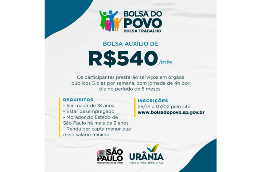 Inscrições para o programa Bolsa Trabalho já estão abertas em Urânia