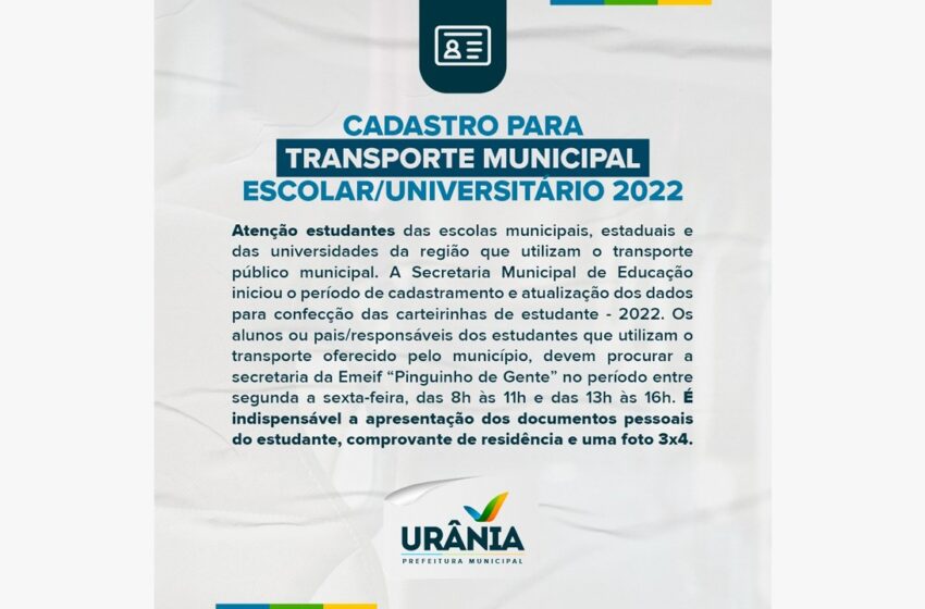  Secretaria de Educação inicia processo de atualização e cadastramento de dados dos alunos que utilizam o transporte estudantil em Urânia