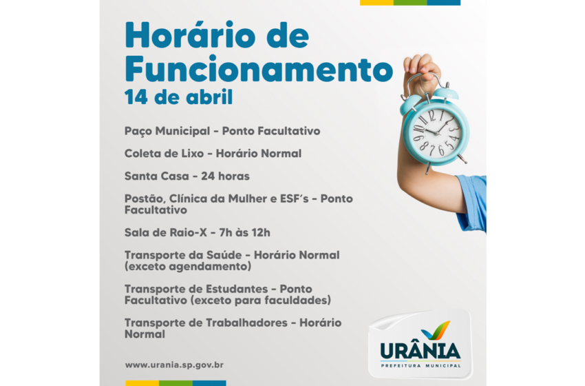 COMUNICADO – Horário de funcionamento dia 22 de abril