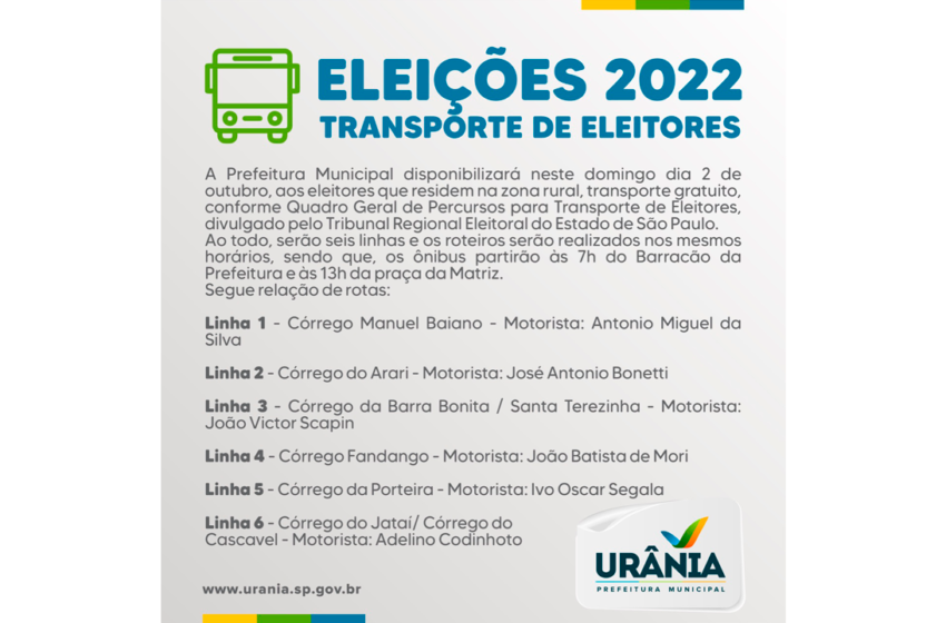 Informações sobre o transporte de eleitores da zona rural neste domingo em Urânia