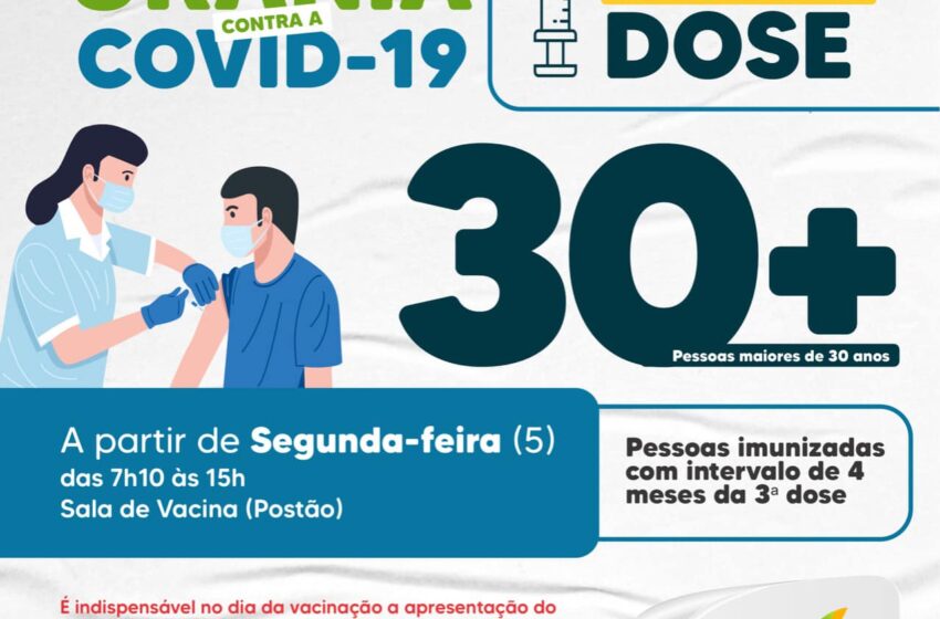 Vacinação Contra a Covid-19 ocorrerá na segunda-feira ao público com 30 anos ou mais