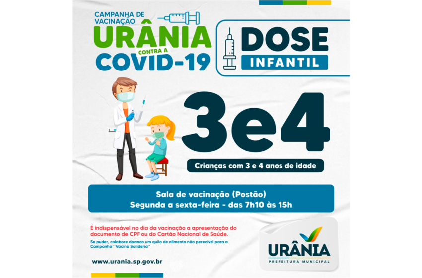  Dose infantil contra a Covid-19 está disponível para crianças de 3 e 4 anos em Urânia