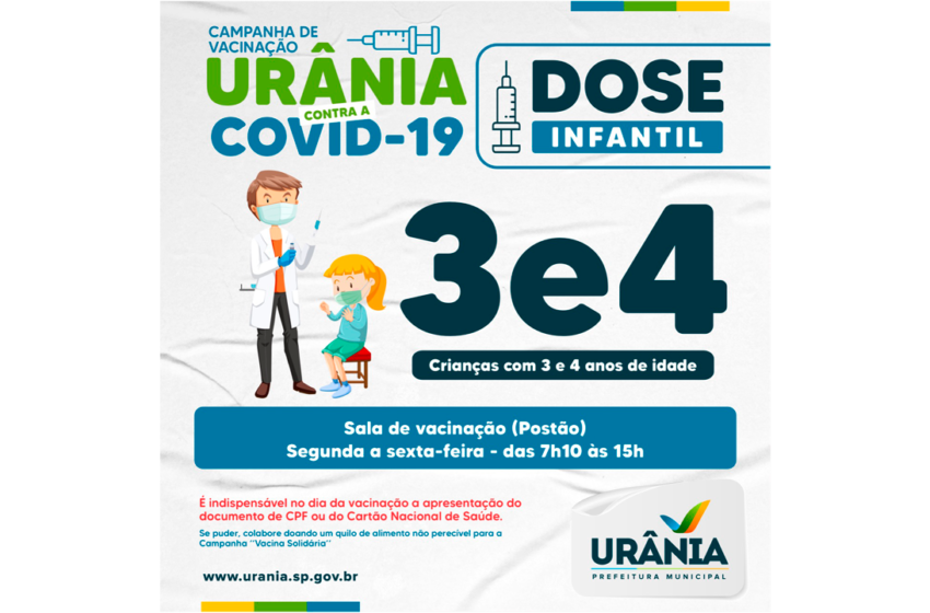 Dose infantil contra a Covid-19 está disponível para crianças de 3 e 4 anos em Urânia