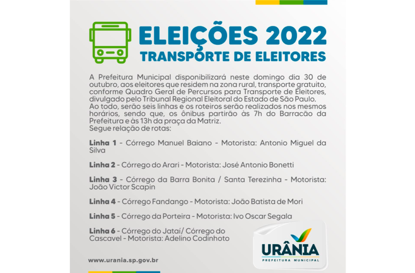  COMUNICADO – TRANSPORTE ELEITORES ZONA RURAL – ELEIÇÕES 2022