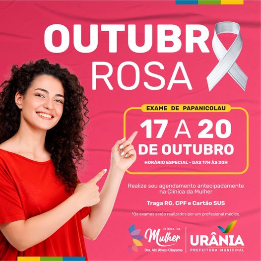  Exames gratuitos de papanicolau serão realizados em Urânia durante a Campanha Outubro Rosa
