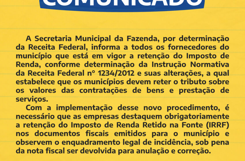  Fornecedores do município devem destacar retenção do IRRF nos documentos fiscais